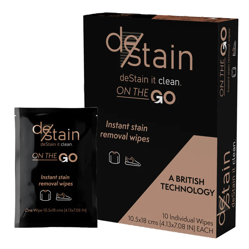 DeCrease Destain stain removal wipes with packaging showing the product in a hand-held wipe form for removing stains from fabrics.