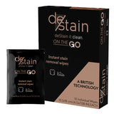 DeCrease Destain stain removal wipes with packaging showing the product in a hand-held wipe form for removing stains from fabrics.