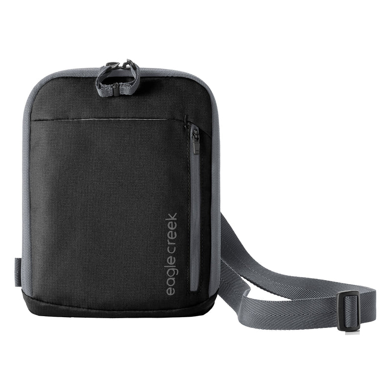 Black Eagle Creek Stash RFID crossbody bag with multiple compartments and adjustable strap, designed for secure everyday carrying.