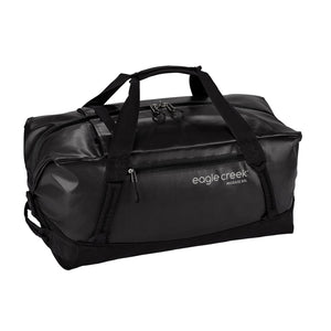 Eagle Creek Migrate Duffel 60L in black, showing the spacious fabric main compartment with handles and shoulder strap for travel.