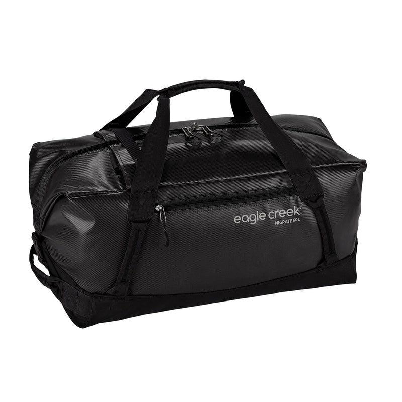 Eagle Creek Migrate Duffel 60L in black, showing the spacious fabric main compartment with handles and shoulder strap for travel.