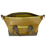 Eagle Creek Migrate Duffel 40L in black, showing sturdy fabric and adjustable shoulder strap with side zip pocket.