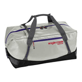 Eagle Creek Migrate Duffel 90L in black with shoulder strap and zipper compartments, designed for durable travel and cargo storage.