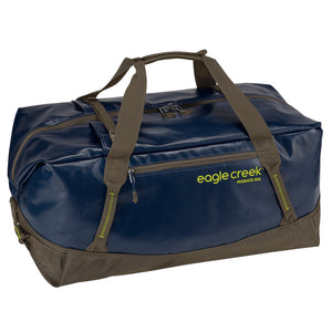 Eagle Creek Migrate Duffel 90L in black, showing durable fabric with carry handles and spacious main compartment for travel gear.