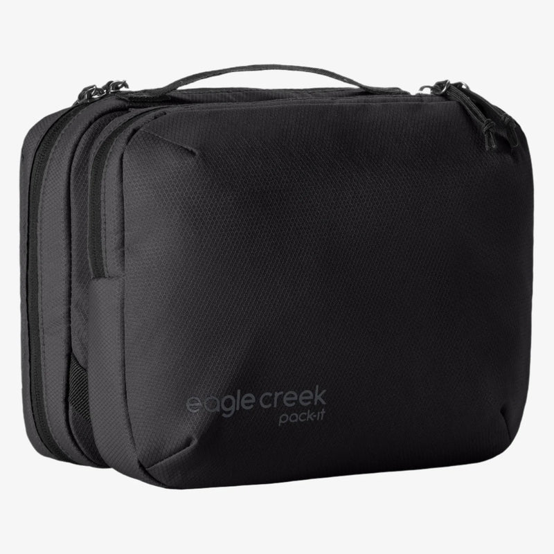Eagle Creek Pack-It Reveal Tri-Fold Toiletry Kit in orange with multiple compartments for organizing grooming essentials.