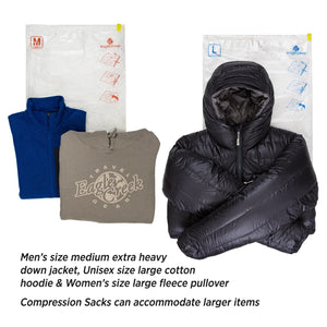 Eagle Creek Compression Sac Set M/L for packing organization, shown in black with multiple compartments, designed for travel storage.