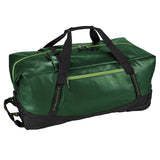 Eagle Creek Migrate Wheeled Duffel 110L in black with rollable wheels and adjustable handle, large main compartment for travel gear.