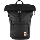 Fjallraven High Coast Foldsack 24 backpack in black with adjustable shoulder straps and front zipper pocket.