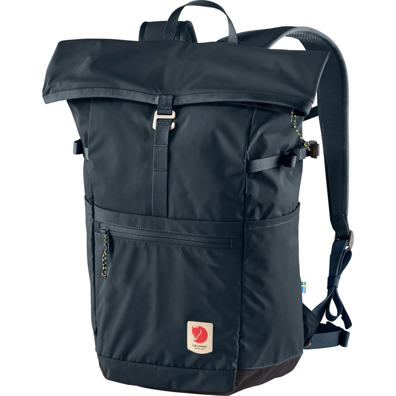 Fjallraven High Coast Foldsack 24 backpack with minimalist design, black fabric, and adjustable shoulder straps.
