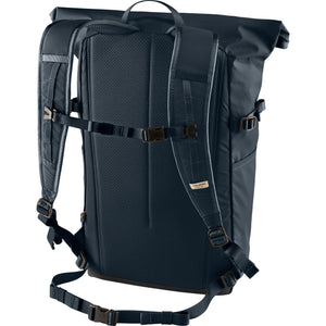 Fjallraven High Coast Foldsack 24 backpack shown with black fabric and adjustable shoulder straps on a plain background.