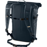 Fjallraven High Coast Foldsack 24 backpack shown with black fabric and adjustable shoulder straps on a plain background.