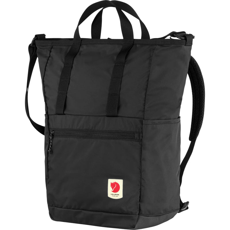 Fjallraven High Coast Totepack in black with adjustable shoulder straps and main compartment, designed for versatile carrying.
