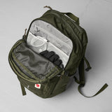 Fjallraven Skule 28 backpack in dark green, showing its front view with adjustable shoulder straps and multiple compartments.