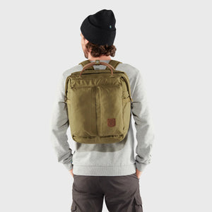 Fjallraven Haulpack No. 1 backpack in black with adjustable shoulder straps and front pocket, designed for outdoor use.