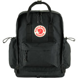 Fjallraven Kanken Outlong backpack in black with front zip pocket and adjustable shoulder straps, durable outdoor-ready design.