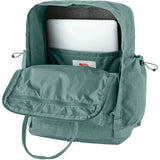 Fjallraven Kanken Outlong backpack in durable fabric, with a classic design and adjustable shoulder straps, shown in detail.