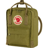 Fjallraven Kanken Mini backpack in blue with top handle and adjustable shoulder straps, front zipper pocket, and logo patch.