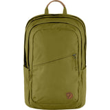 Fjallraven Raven 28 backpack in muted green with adjustable straps and multiple compartments, designed for outdoor and everyday use.