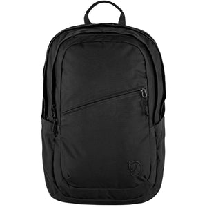 Fjallraven Raven 28 backpack in dark green with multiple compartments, adjustable shoulder straps, and logo patch on front.