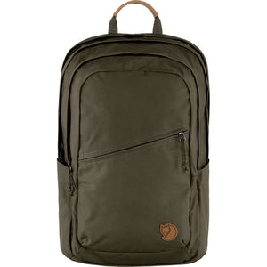 Fjallraven Raven 28 backpack in dark green with adjustable straps and multiple compartments for outdoor or daily use.