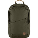 Fjallraven Raven 20 backpack in dark green with front pocket and adjustable straps, made of durable outdoor fabric.