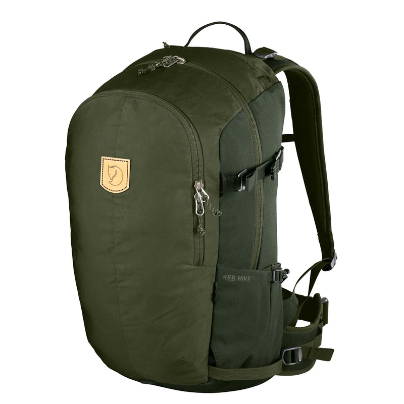 Olive green Fjallraven Keb Hike 30 backpack with multiple compartments and padded straps, designed for outdoor hiking and travel.