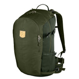 Olive green Fjallraven Keb Hike 30 backpack with multiple compartments and padded straps, designed for outdoor hiking and travel.