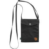Black Fjallraven Pocket Bag crossbody bag with adjustable strap and front zip pocket, made from durable material.