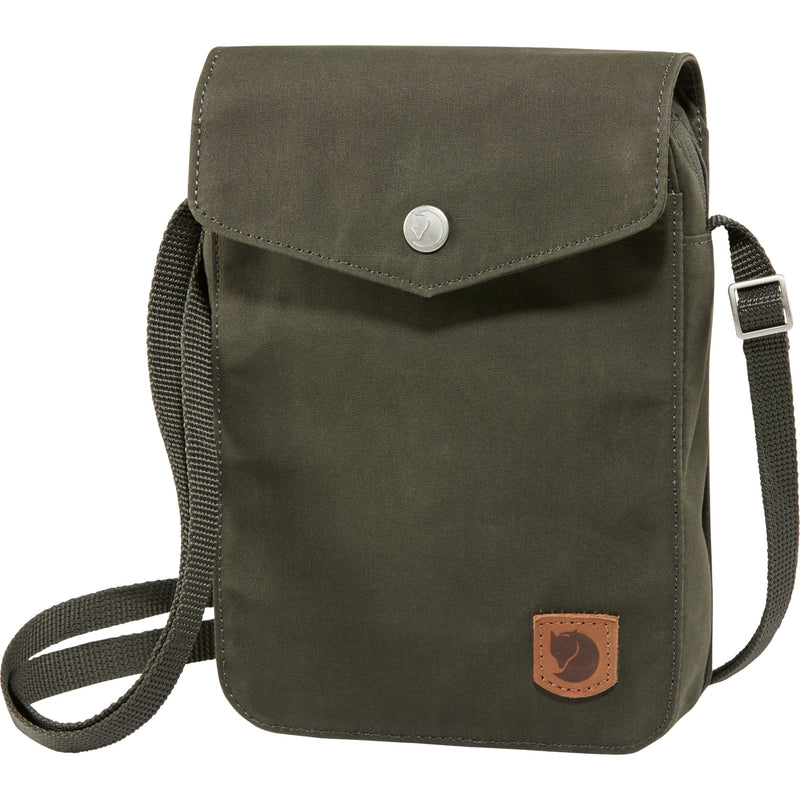 Fjallraven Greenland Pocket Bag in deep forest green, a compact crossbody bag with adjustable strap and front pocket.