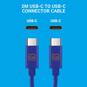 Go Travel dual USB-C connector cable shown, designed for charging and data transfer with compatible devices.