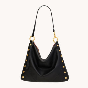 Hammitt Kyle Lrg handbag in black brushed gold leather with sleek design and gold hardware.