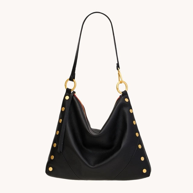 Hammitt Kyle Lrg handbag in black brushed gold leather with sleek design and gold hardware.