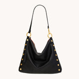 Hammitt Kyle Lrg handbag in black brushed gold leather with sleek design and gold hardware.