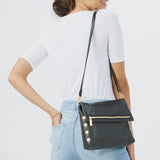 Hammitt VIP Med leather wallet in black with silver hardware, featuring multiple card slots and sleek design.
