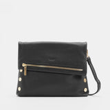 Hammitt VIP Med black leather handbag with metal hardware, medium size, featuring sleek design and top handle for versatile style.