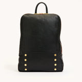 Hammitt Hunter Backpack in black with brushed gold hardware and red zipper, made of sleek leather with adjustable straps.