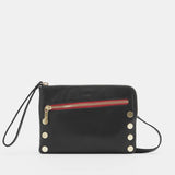 Black Hammitt Nash Small handbag with brushed gold hardware and red zipper, showcasing its compact, stylish design.