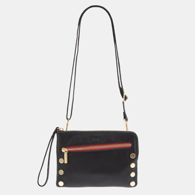 Hammitt Nash Small handbag in black brushed gold with red zipper, featuring sleek design and compact size.