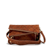 Hammitt Dillon small handbag in chocolate diamond suede with antique gold hardware, featuring a sleek, stylish design.