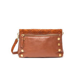Hammitt Dillon Sml handbag in chocolate diamond suede with antique gold hardware, featuring a compact design and stylish details.