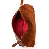 Hammitt Dillon Small handbag in chocolate diamond suede with antique gold hardware, featuring sleek design and compact size.