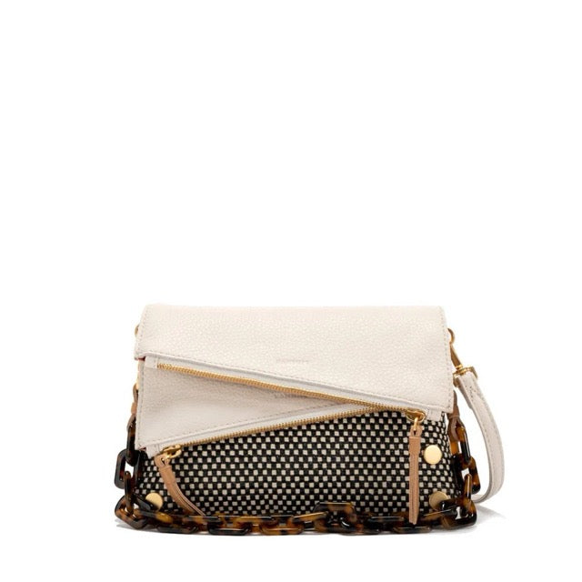 Hammitt Dillon Sml handbag in chocolate diamond suede with antique gold hardware, featuring a stylish and compact design.