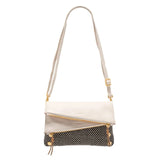 Hammitt Dillon Sml handbag in chocolate diamond suede with antique gold hardware, showcasing its compact design and stylish details.