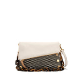 Hammitt Dillon Sml handbag in chocolate diamond suede with antique gold hardware, featuring a sleek, compact design.