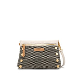 Hammitt Dillon Small handbag in chocolate diamond suede with antique gold hardware and logo accents.