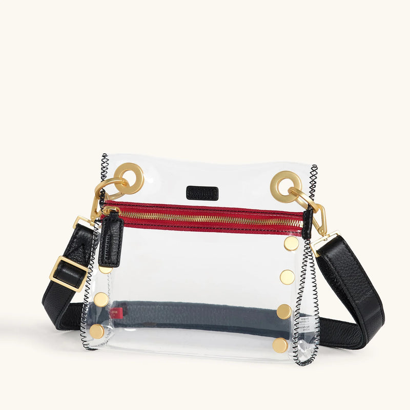 Hammitt Tony Small handbag with clear black and brushed gold accents, featuring a sleek, compact design and gold hardware.