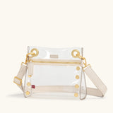 Hammitt Tony Small handbag in clear black brushed gold leather with gold hardware, featuring a compact, stylish design.