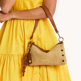 Hammitt cocoa gold knotted key ring with braided leather detail and gold hardware, designed for stylish key organization.