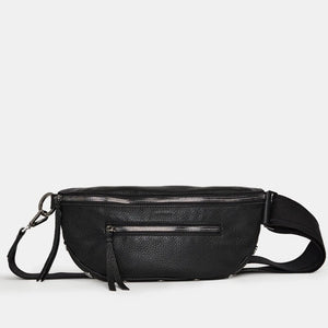 Hammitt Charles Crossbody Med in black leather with adjustable strap and silver hardware, front flap with magnetic closure.
