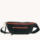 Hammitt Charles Crossbody Med bag in black leather with gold hardware, featuring adjustable strap and zippered pocket.